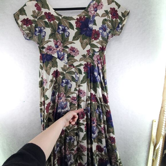 7/8 All That Jazz Midi Dress Plum Purple Floral Short Sleeve Vintage 80's 90's - Picture 10 of 14